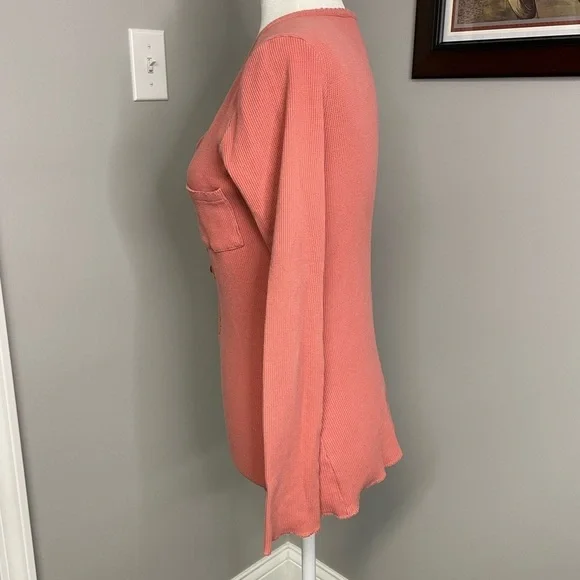 Sundance Pink Henley Long Sleeve Waffle Knit Top Shirt Size XS Pocket Vneck - Picture 2 of 4